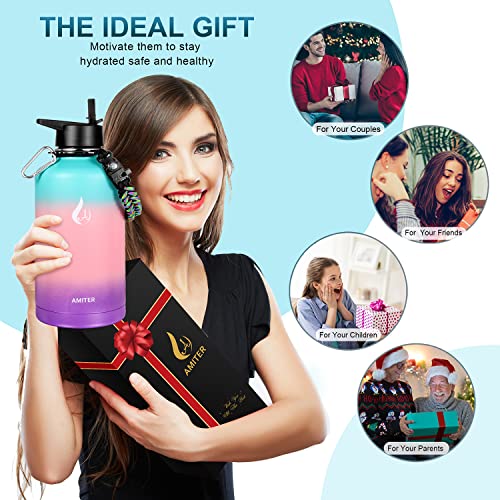 Amiter Half Gallon Water Bottle With Straw And Handle, 22Oz, 32Oz, 40Oz, 64Oz,128Oz Insulated Water Bottles Stainless Steel Modern Flask Thermos Mug, Leakproof Bpa Free Simple Gallon Water Jug #TOP6