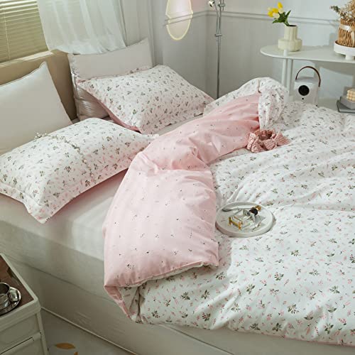 Image of VM VOUGEMARKET Girls Duvet Cover Twin Pink Flower Bedding Set 100% Cotton Teen Girls Floral Comforter Cover with Zipper Ties Reverisble Lightweight (3pcs,68x86,White & Pink)