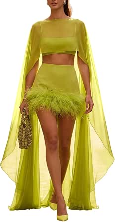 Three Piece Outfits for Women Sheer Cape Sleeve Overlay Spaghetti Strap Crop Top and Feather Trim Mini Skirt Sets