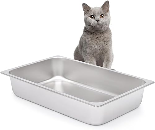 Kichwit Caja de arena de acero inoxidable para gatos mayores, gatos artríticos, gatitos pequeños, bandeja de arena para hámsteres y conejos,