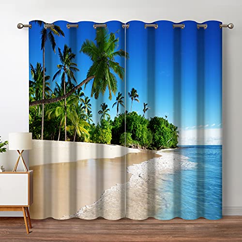 Jekeno Ocean Beach Palm Tree Blackout Curtains Tropical Blue Ocean Sky Sunny Seaside Scene Beach Decor for Bedroom Living Room Grommet Window Drapes 2 Panel Set, 52"x84"