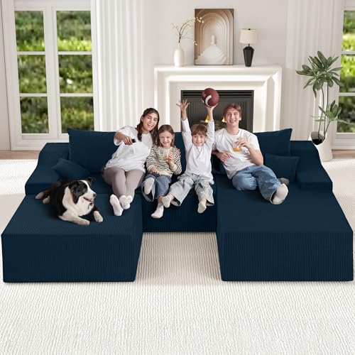 Image of HABUTWAY U Shaped Modular Sectional Couch for Living Room, Modular Cloud Sofa with Ottoman, No Assembly Boneless Couches with Deep Seat, Corduroy Fabric (Blue, Right Facing)