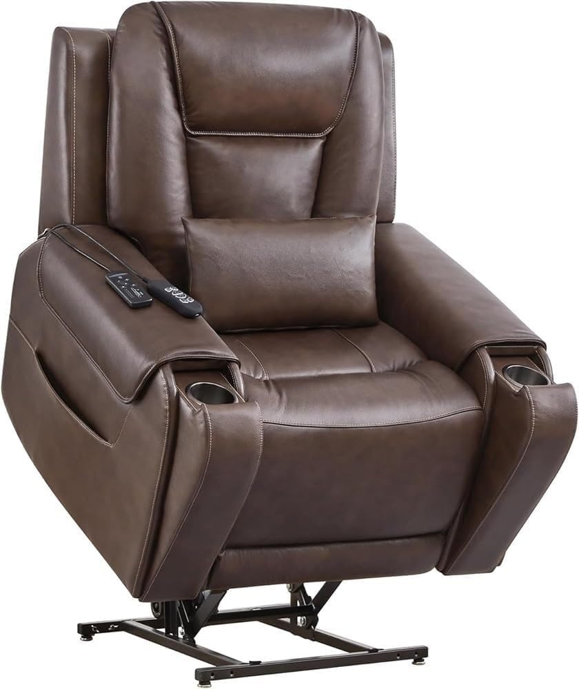 Oversized Electric Lift Recliner Chair for Elderly Adults Heated Massage Dark Brown Genuine Leather Sofa Heavy Duty Comfortable Seating USB Charging Port Cup Holders Living Room Recliner