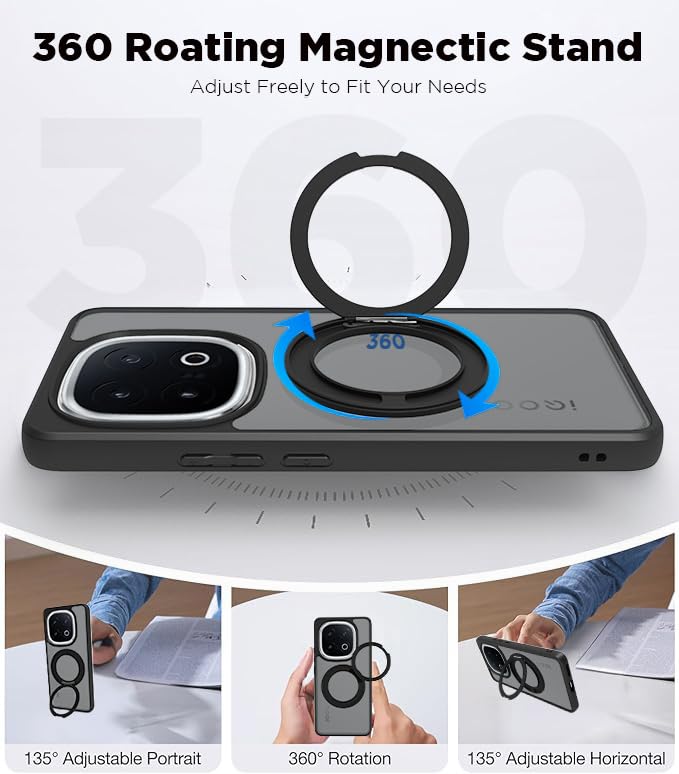 Image of RIGGEAR Shockproof Sleek Hybrid Armor 360 Rotating Magnetic Ring Stand Back Cover Case Compatible with MagSafe Accessories for iQOO 13 5G (Smoke Black Matte PC and Black TPU Bumper)