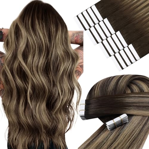 Image of YoungSee Hair Extensions Tape in Dark Brown, Human Hair Tape in Extensions, Balayage Dark Brown Ombre Caramel Blonde Tape Hair Extension, for Natural Looking, 18 Inch 20pcs 50g