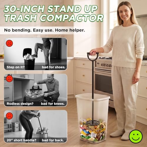 Trash Compactor for Kitchen - 30" All-Metal Manual Garbage Compactor, No Electric Tamper Trash Can Compacting Tool for Home & Outdoor Bins, Stand to Easily Compact Trash - No Bend, Squat, or Stomp - 1