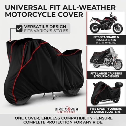 Image of Waterproof Bike Cover for All Bajaj Pulsar Model Upto 400CC | All Weather Protection from Rain, Dust, Sun & Scratches | Black Red Piping | Universal Fit for All Bike & Scooty