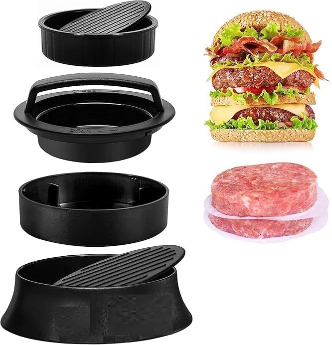 3 in 1 Round Nonstick Hamburger Patty Maker Press - Burger Press Mold with Detachable Handle Base | Perfect Uniform Beef, Chicken & Veg Burger Patties, Easy Release, Home Kitchen BBQ (1 Pcs)