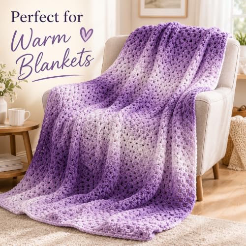 Image of Katech Ombre Cnenille Yarn for Crocheting-2 Pcs of 285g /10oz-6 Super Bulky | Fluffy Velvet Blanket Yarn for Knitting, Soft Fuzzy Phasing Cake Yarns for Baby Blanket, Throw Pillow, Plushies, Hat(Purple)