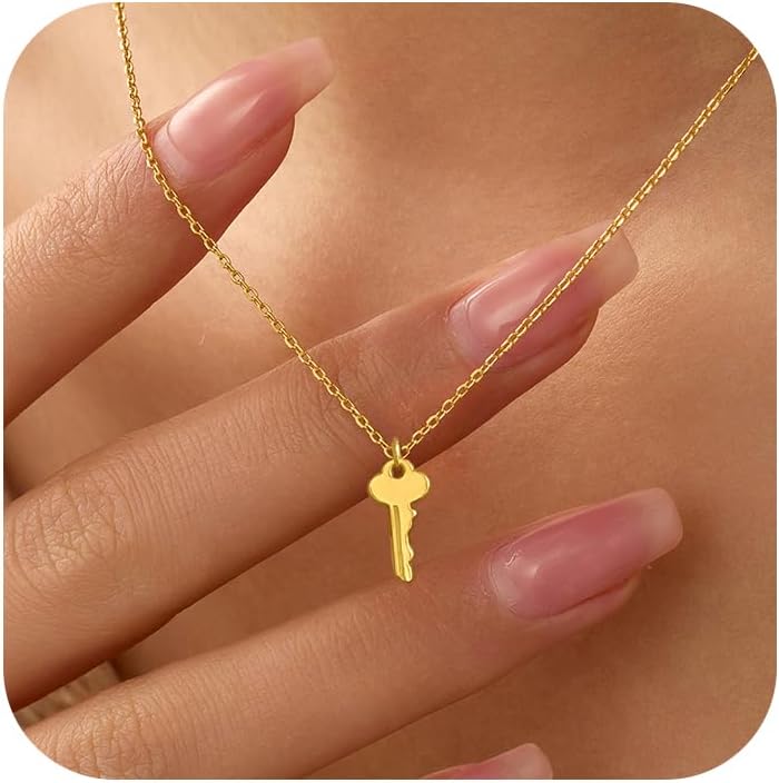 Key Pendant Necklace for Women 925 Sterling Silver Minimalist Couple Necklace 14K Gold Plated Mother Daughter Friendship Necklace Promise Choker Necklace Birthday Valentines Jewelry Gifts for Her