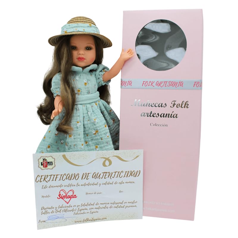 FOLK Oryginalna lalka Simona 40 cm. Włosy knoty brązowe i blond sukienka słomkowy kapelusz.