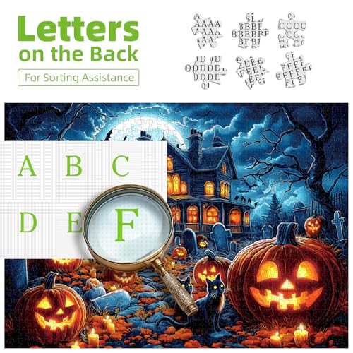 Image of Halloween Haunted House 1000 Piece Jigsaw Puzzle for Adults - Spooky Night Graveyard Scene Challenging 1000-Piece Puzzle for Adults & Teens - Premium Quality with Reference Poster