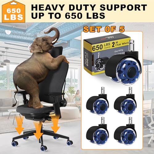 Image of Office Chair Wheels, 2 Inch Smooth & Quiet Rolling Casters Replacement, Computer Gaming Chair Casters for All Hardwood Floors & Carpet, Smooth Safe Rubber Wheels-Set of 5, Blue