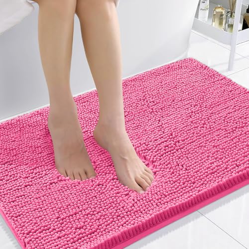 Smiry Luxury Chenille Bathroom Rugs 36x24, Extra Soft and Absorbent Shaggy Bath Mat, Machine Washable, Non-Slip Plush Carpet Runner for Tub, Shower, and Floor, Home Decor Accessories, Hot Pink