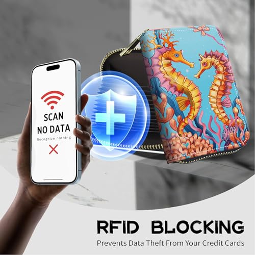 Image of Cute Credit Card Holder with Zipper, Seahorse RFID-Blocking Card Case Small Wallet for Women Men, Multi-slot Card Organizer Case Travel Accordion Wallet