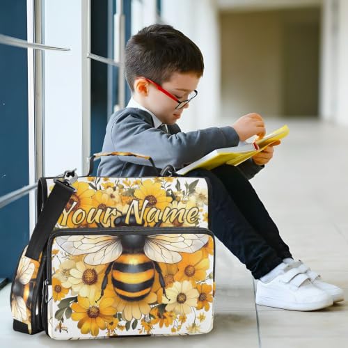 Image of Custom 3 Ring Zipper Binder Yellow Daisy Bee Bumblebees Personalized Name 1.5 Inch Binders Large Capacity Multi Pockets for School Office Supplies