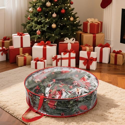 Miniatura 5 de Paquete De 3 Bolsas De Almacenamiento Para Coronas De Navidad, 76 X 20 Cm, Organizador Redondo Grande De Decoración Navideña, Pvc Transparente Con Doble Cremallera, Contenedor De Almacenamiento