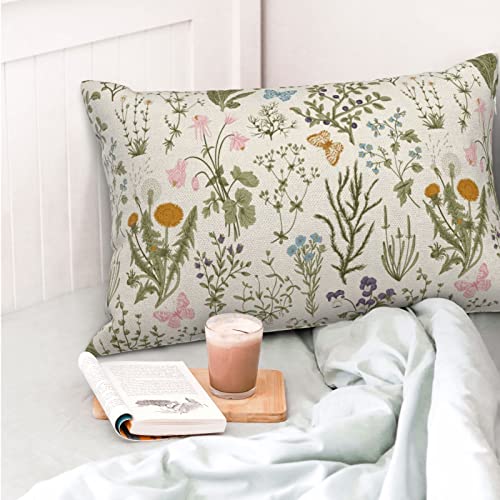 Image of AEIOAE Spring Pillow Covers 12x20 Inch Set of 2,Sage Green Wild Flower Plant Throw Pillows Case,Seasonal Floral Outdoor Decorative Square Linen Farmhouse Decor Cushion Covers for Home Sofa Bed Couch
