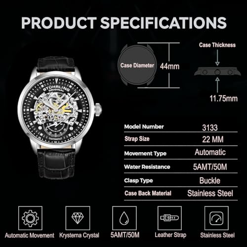 STUHRLING Original Mens Automatic Watch Skeleton Watches for Men - Black Leather Watch Strap Mechanical Watch Silver Executive Watch Collection