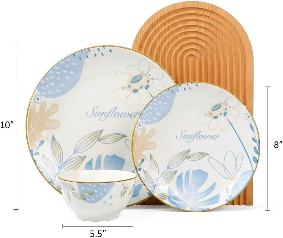 HUHUI Ceramic Dinnerware Sets, Service for 4, 12-Piece, Scratch Resistant Dish Set, Microwave and Dishwasherl Safe,Blue Floral Ceramic Dinnerware Set, sunflower floral,blue