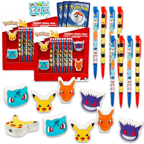 Pokémon Porte-mines et gommes en vrac – 20 crayons, 8 gommes, autocollants et plus encore | Fournitures de fête Pokémon pour enfants, garçons, filles