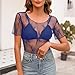 Womens Lace Mesh Top Floral Sheer See Through Sexy Tops Casual Short Sleeve Bodycon Tees Party Club Night Blouses Blue