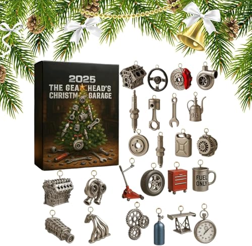 Calendario de Adviento para Amantes de los Coches, Advent Calendar 2025, El Garaje Navideño del Mecánico: 24 Miniaturas de Herramientas y Piezas de Automóvil, Regalo para Mecánicos y Aficionados