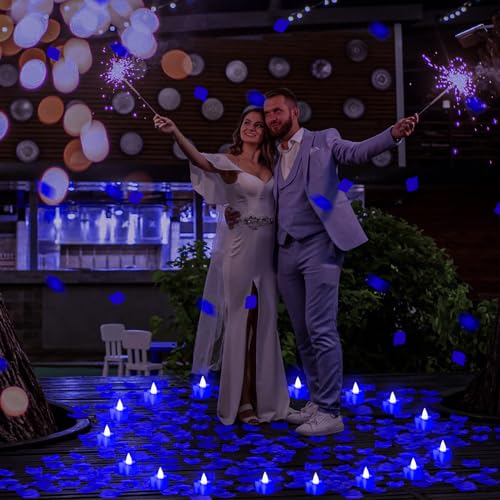 VIHOSE 4000 Pcs Artificial Rose Petals with 24 Pcs LED Tea Lights Candles Flameless LED Candles Fake Rose Petals for Wedding Birthday Party(Blue Light, Blue Petal) by VIHOSE - Image 2