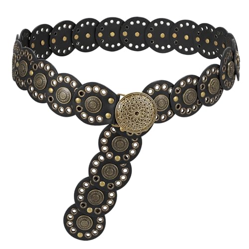 Hollow Disc Belt Western Leather Belt Boho Concho Belt Vintage Waist Belt for Women