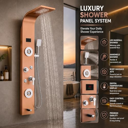 Image of ZeeCry 7 in 1 Full Set Stainless Steel 304 Shower Panel for Bathroom with Hand Shower /Showerhead /Body Massage Jets /Shower System with Hot & Cold Mixer (3 function hand shower) (Rose Gold)