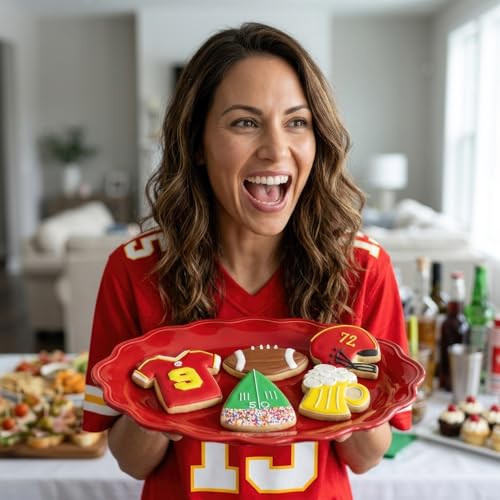 Ann Clark 5-Piece Football Cookie Cutter Set On A Wooden Surface With Cookies.