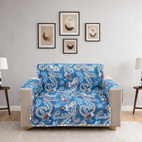 Image of Homerz Premium 2 Seater Quilted Reversible Sofa Cover Mat with Pocket Arms | Polyester Blend 350 GSM Full Coverage & Back Belt for Stability (Floraya, 2 Seater)