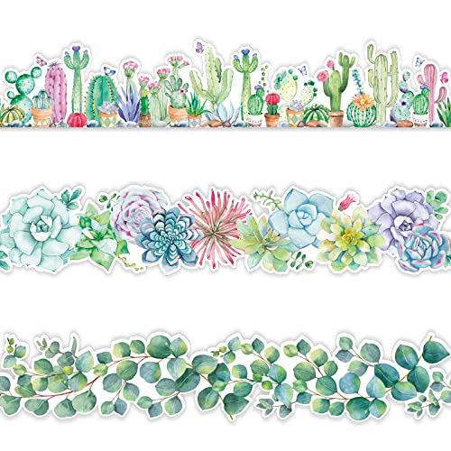 60 Pieces Eucalyptus Border Watercolor Boho Bulletin Wall Decor Tropical Cactus Bulletin Board Borders Succulent Bulletin Board Decor Bulletin Boarder Trim for Chalkboard Whiteboard