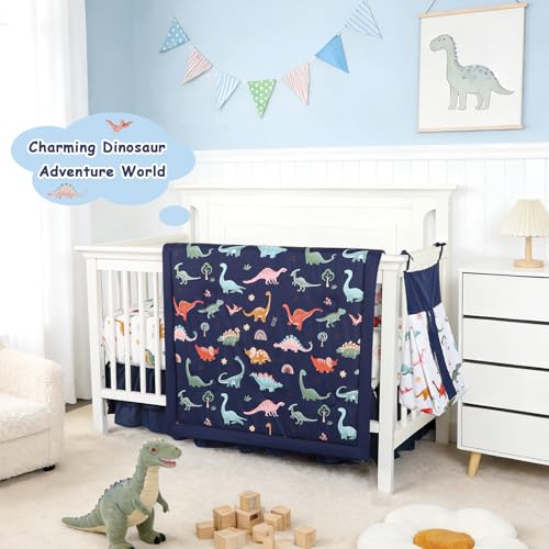 Image of Crib Bedding Set for Boys, Baby Crib Bedding Set 4 Piece, Baby Boy Nursery Bedding Set Including Comforter, Fitted Crib Sheet, Crib Skirt, Diaper Stacker, Blue Dinosaur