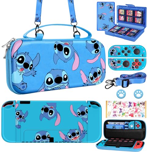 for Nintendo Switch OLED 9 in 1 Storage Accessories Kit with Travel Carrying Case+Switch Protective Cover+Game Case Holder+Strap+Sticker+2 Joycon Shells+2 Thumb Caps Cute for Boys Kids Girls-S