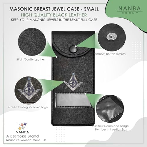 Masonic Regalia Pocket Jewel Holder Case  Leather Carry Wallet with Soft Lining for Freemason Lodge Jewels, Pins & Badges - Square Compass G Gold & Blue Printed