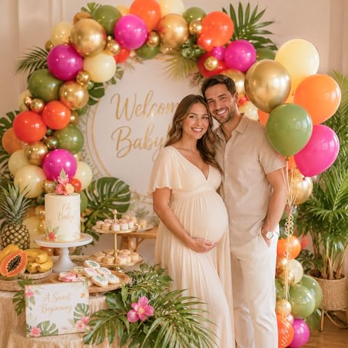 Image of Tropical Hawaiian Balloons Arch Garland Kit, Olive Green Hot Pink Orange Yellow Metallic Gold Balloons for Kids Hawaii Summer Beach Luau Aloha Pool Birthday Flamingo Theme Baby Shower Party Decoration