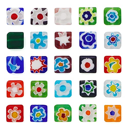 Coiris Lot de 90 perles plates Millefiori à 2 rangées 8 mm carrées en verre avec fleurs multicolores pour fabrication bijoux, colliers, bracelets, boucles d'oreilles (GB-QH-1001)