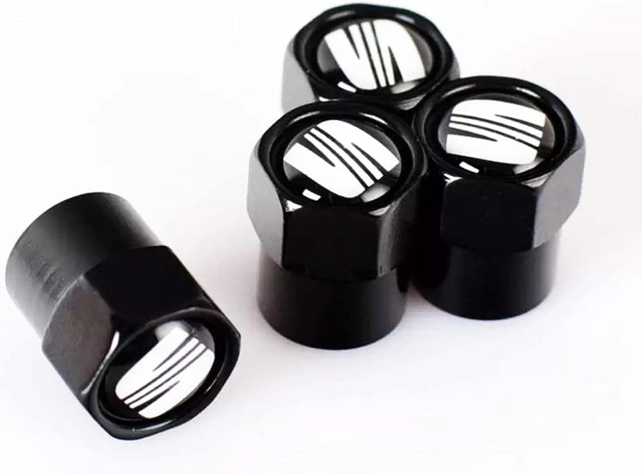 Black SEAT Wheel Valve Dust Caps. Cupra Leon Ibiza Mii Toledo Altea Arosa (black top)