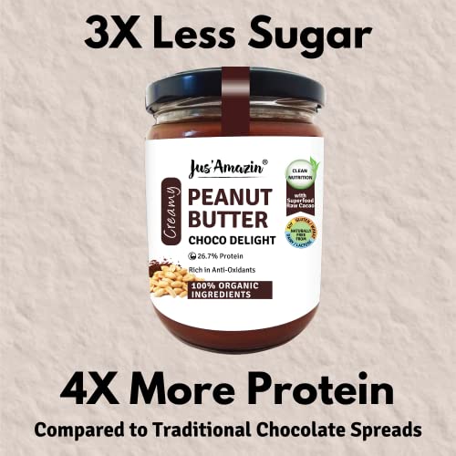 Image of Jus' Amazin Creamy Organic Peanut Butter - Choco Delight (500g) | 26% Protein | Plant-Based Nutrition | Zero Chemicals | Dairy-Free | 100% Organic Ingredients | Chocolate Spread