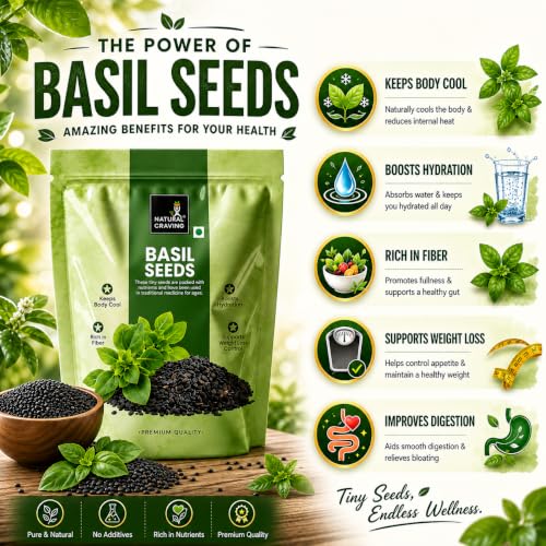 Image of Natural Craving Basil Seeds 200g | Organic Sabja Seeds | Tukmaria for Eating | High in Omega-3, Fiber & Plant Protein | Gluten-Free Superfood for Digestion, Hydration & Weight Management