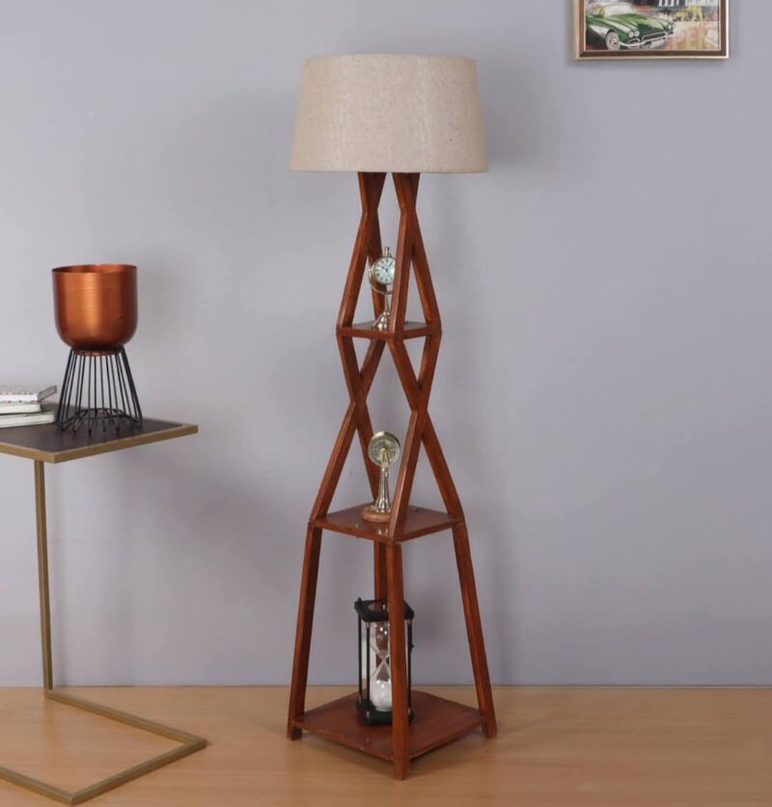 Wooden Floor Lamp with 3-Tier Display Shelves, Beige Fabric Shade, Brown, Living Room Decor-image-46