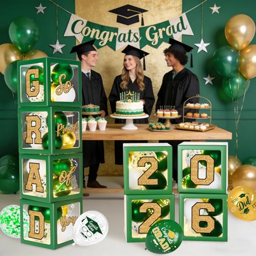 Image of Graduation Decorations 2026 - Green and Gold Graduation Decorations - Set of 4 Balloons Boxes with Letters 2026 GRAD So Proud of You, Congrats Grad Party Decorations for Any Grades