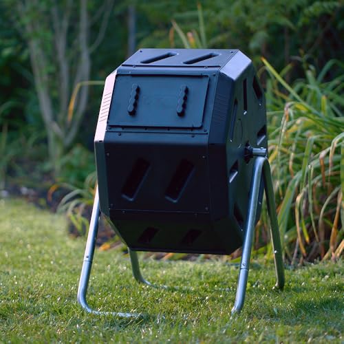 Image of FCMP Outdoor IM2000 Tumbling Composter Canadian-Made, 100% Recycled Resin - Outdoor Rotating Compost Tumbler Bin for Garden, Kitchen, and Yard Waste, Black (22 Gallon)
