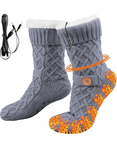 Chicingyou Electric Heated Fleece Socks for Men Women, Winter USB Heating Pad Knitted Socks Foot Heater Anti-Slip Thermal Indoor Footwear Foot Warmer Fit for Women's 5-10 Men's 4-8 (Button, Gray)