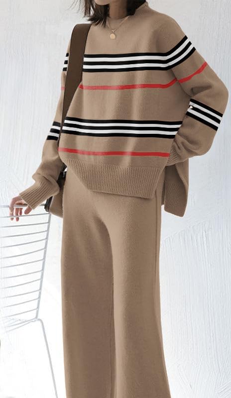 ETCYY NEW Womens Elegant Lounge Sets Knitted Sweatsuit Sets 2 Piece Outfits with Sweater Tops and Wide Leg Sweatpants - Image 3