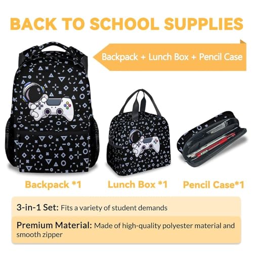 Gamer Backpack with Lunch Box for Kids - Set of 3 Boys School Backpacks Matching Combo - Durable Black Bookbag and Pencil Case Bundle3