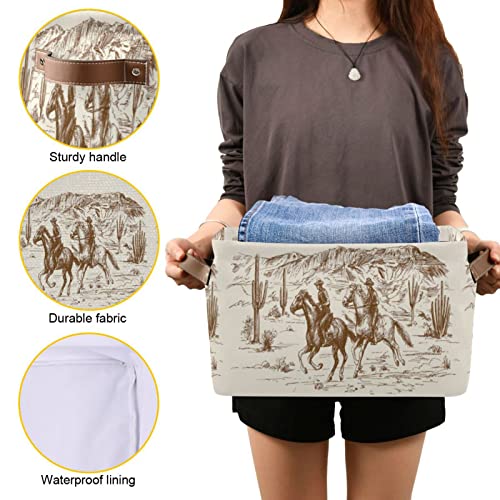 Cowboy Storage Basket Western Desert Cowboy Storage Bin Collapsible Large Storage Baskets With Leather Handles Storage Cube Box Organizer For Closet Toys Gift Basket,1Pc #TOP7