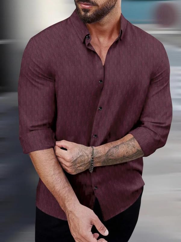 Image of DEELMO Men's Regular Fit Button Down Dress Shirts Textured Long Sleeve Casual Hawaiian Shirt (in, Alpha, 2XL, Regular, Dusty Rose-New)