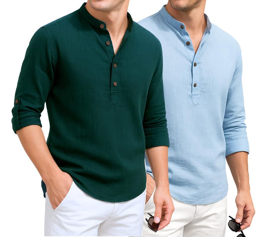 Image of DEELMO Combo of Men's Cotton Blend Solid Regular Fit Full Sleeve Short Kurta | Men's Trendy Short Kurta Pack of 2